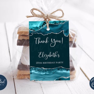 teal and silver birthday favor tags template, editable birthday gift tag, printable birthday labels, thank you tags, personalized tags TFP46