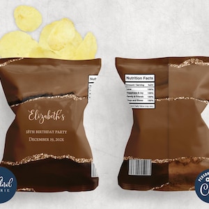 May include: A brown chip bag with gold glitter accents and a personalized label that says "Elizabeth's 18th Birthday Party December 19, 202X".