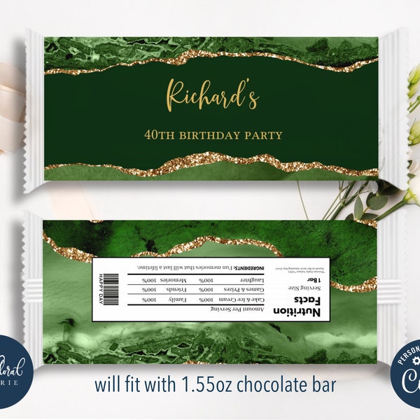 green and gold chocolate wrapper template, editable candy bar wrapper, printable chocolate wrapper, chocolate bars birthday favors tfp24