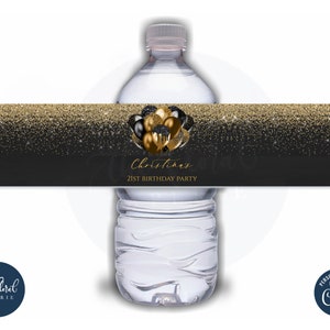 black and gold water bottle label template, editable balloons water bottle wrap, printable girl birthday bottle labels, water bottle labels