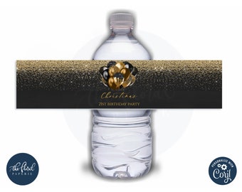 Black and Gold Birthday Water Bottle Label Template, Party Bottle Wrapper (Digital Download)