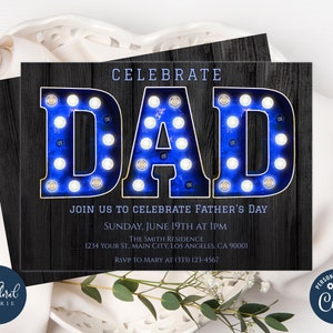 fathers day invitation template, editable fathers day brunch invitation, printable fathers day invites, blue dad invitations, celebrate dad