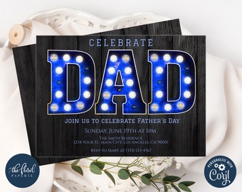 fathers day invitation template, editable fathers day brunch invitation, printable fathers day invites, blue dad invitations, celebrate dad