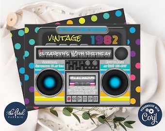 May include: A black and white birthday invitation with a colorful retro boombox design. The text reads "Vintage 1982 Elizabeth's 40th Birthday".