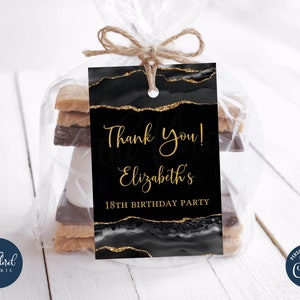 black and gold birthday favor tags template, editable birthday gift tags, printable birthday labels, thank you tags, personalized tags TFP01