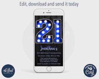 Modello di invito di testo per il 21° compleanno, invito digitale di compleanno modificabile, invito telefonico, invito elettronico, invito a tendina