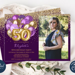 Modèle d&#39;invitation de 50e anniversaire, invitation d&#39;anniversaire violet et or modifiable, invitations de fête pour adultes, invitation de cinquantième anniversaire avec photo