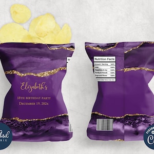 purple and gold chip bag template, editable potato chip bag wrapper, printable agate potato chips party favor label, custom chip bag TFP04