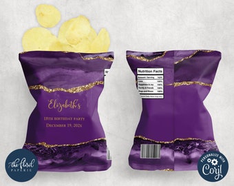 purple and gold chip bag template, editable potato chip bag wrapper, printable agate potato chips party favor label, custom chip bag TFP04