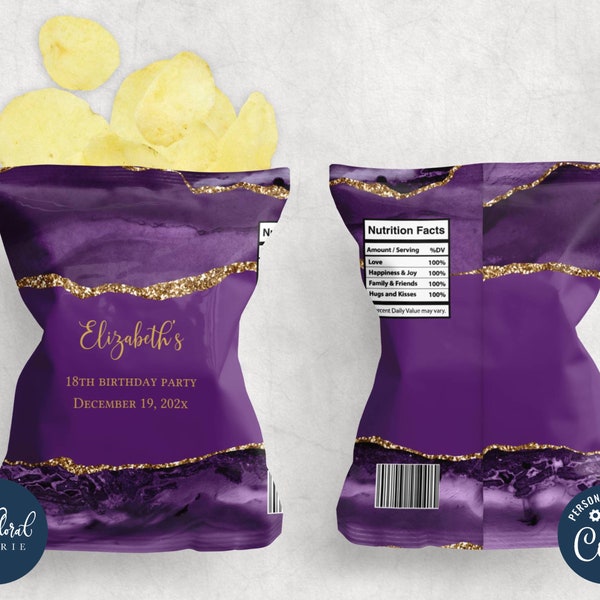 purple and gold chip bag template, editable potato chip bag wrapper, printable agate potato chips party favor label, custom chip bag TFP04