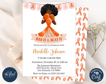 May include: A white invitation card featuring an illustration of a person with dark skin and curly hair wearing orange boxing gloves, positioned behind a large orange awareness ribbon. The text reads HAD IT & BEAT IT, Michelle Johnson, 3 years cancer free, and event details.