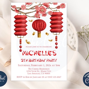 chinese birthday invitation template, editable any age birthday invitation, chinese invitation, chinese lantern invitation, girl birthday