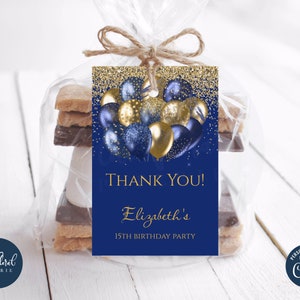 Blaue und goldene Geburtstagsgeschenkanhänger, bearbeitbare Geburtstagsgeschenkanhänger, druckbare Geburtstagsanhänger, dankeschön Anhänger, personalisierte Anhänger