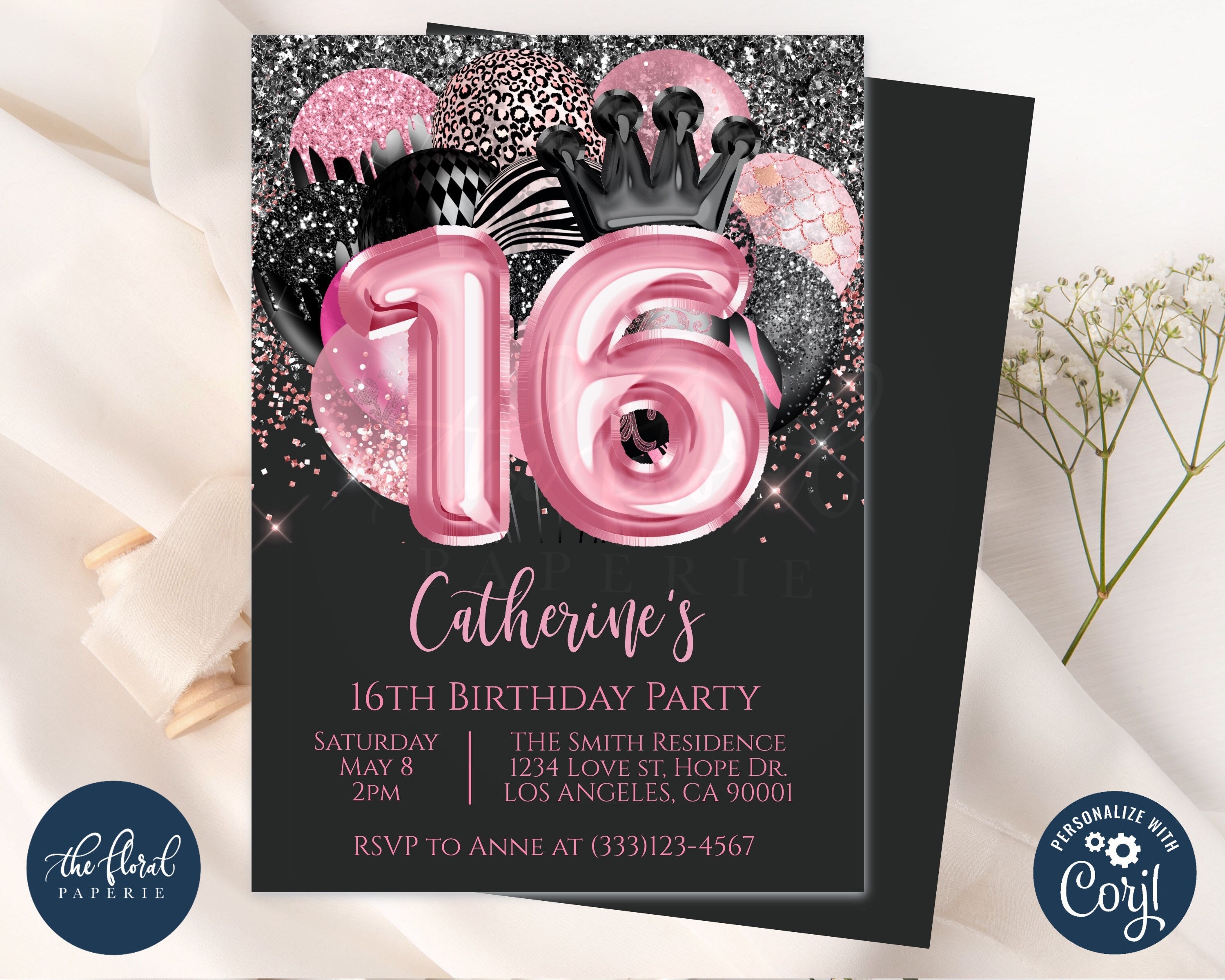 16th-birthday-invitation-template-editable-black-and-pink-etsy