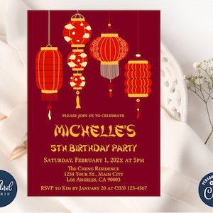 chinese birthday invitation template, editable any age birthday invitation, chinese invitation, chinese lantern invitation, girl birthday