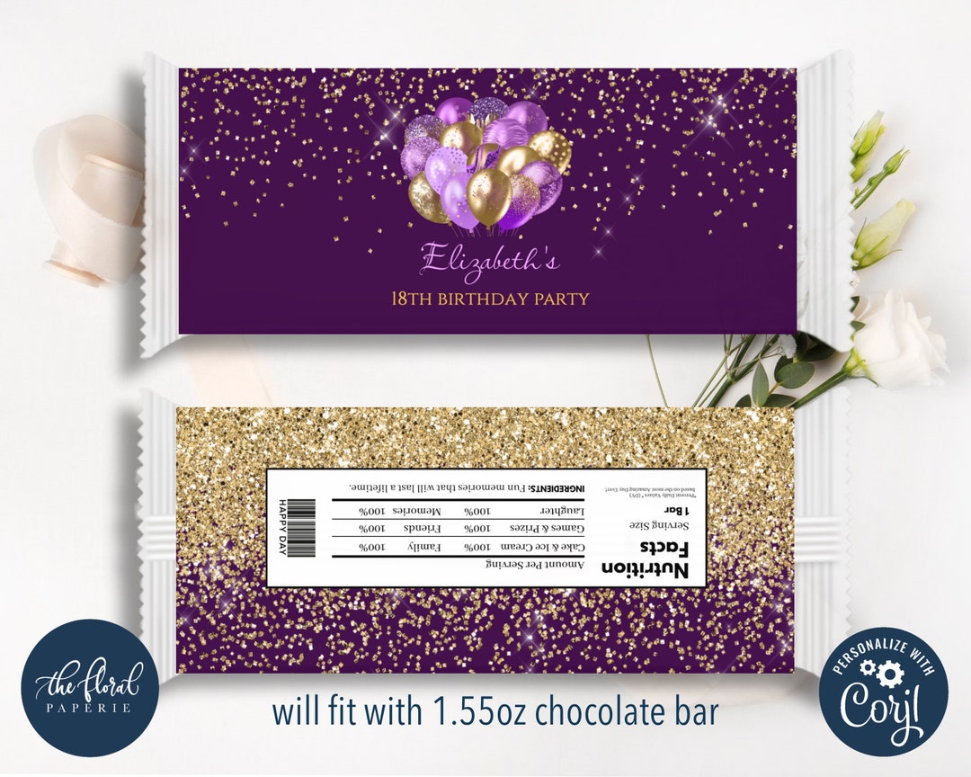 Purple and Gold Chocolate Wrapper Template, Editable Candy Bar Wrapper ...