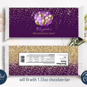 purple and gold chocolate wrapper template, editable candy bar wrapper, printable chocolate bar wrapper, party favor labels, birthday favors