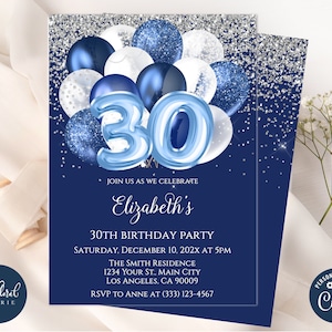 30th birthday invitation template, editable blue and white birthday invite, balloons birthday party invites, adult party invite, 30 birthday