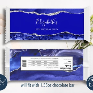 royal blue and silver chocolate wrapper template,  candy bar wrapper, shades of blue chocolate wrapper, chocolate bar birthday favors TFP42