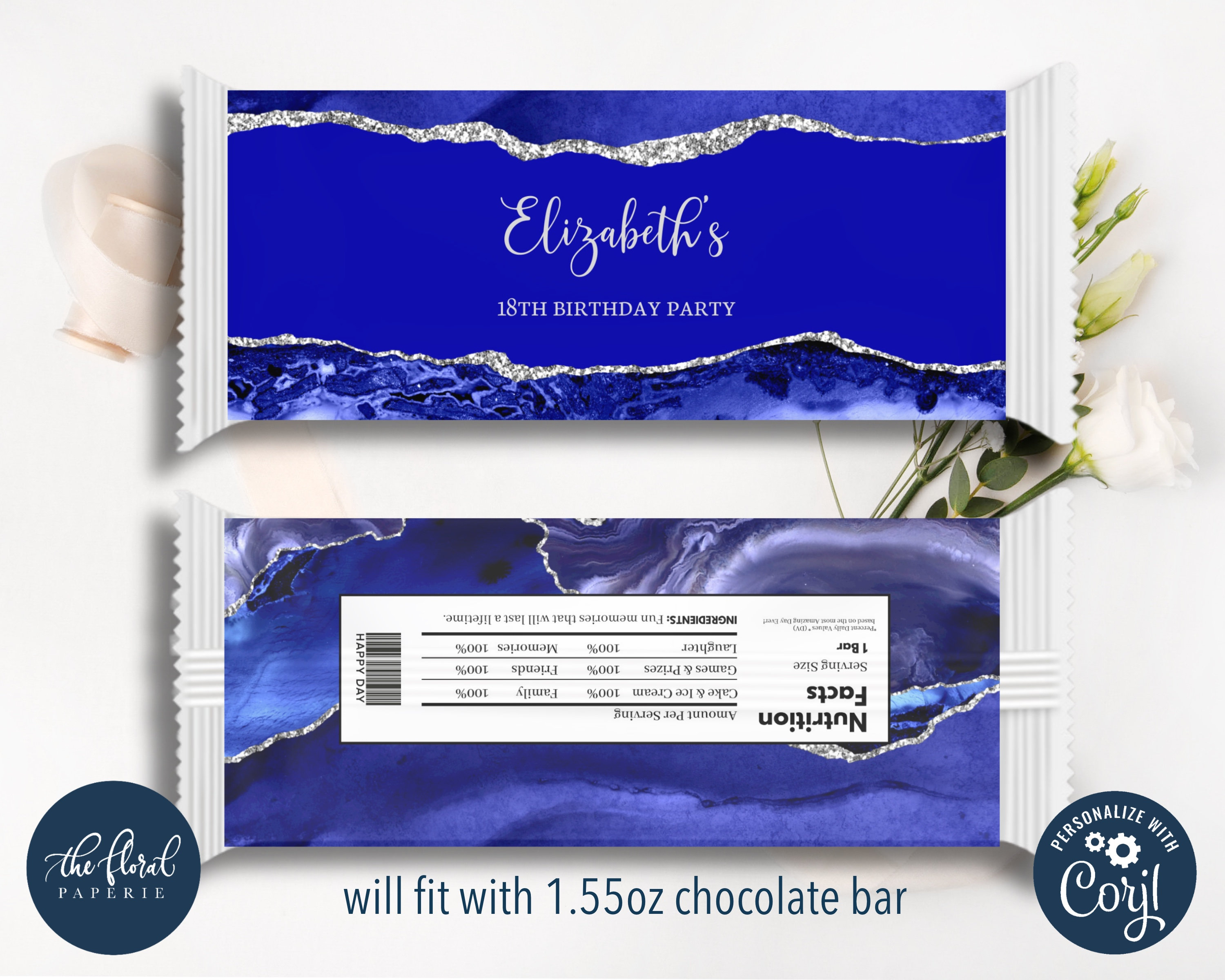 Royal Blue and Silver Chocolate Wrapper Template, Birthday Party Favors ...