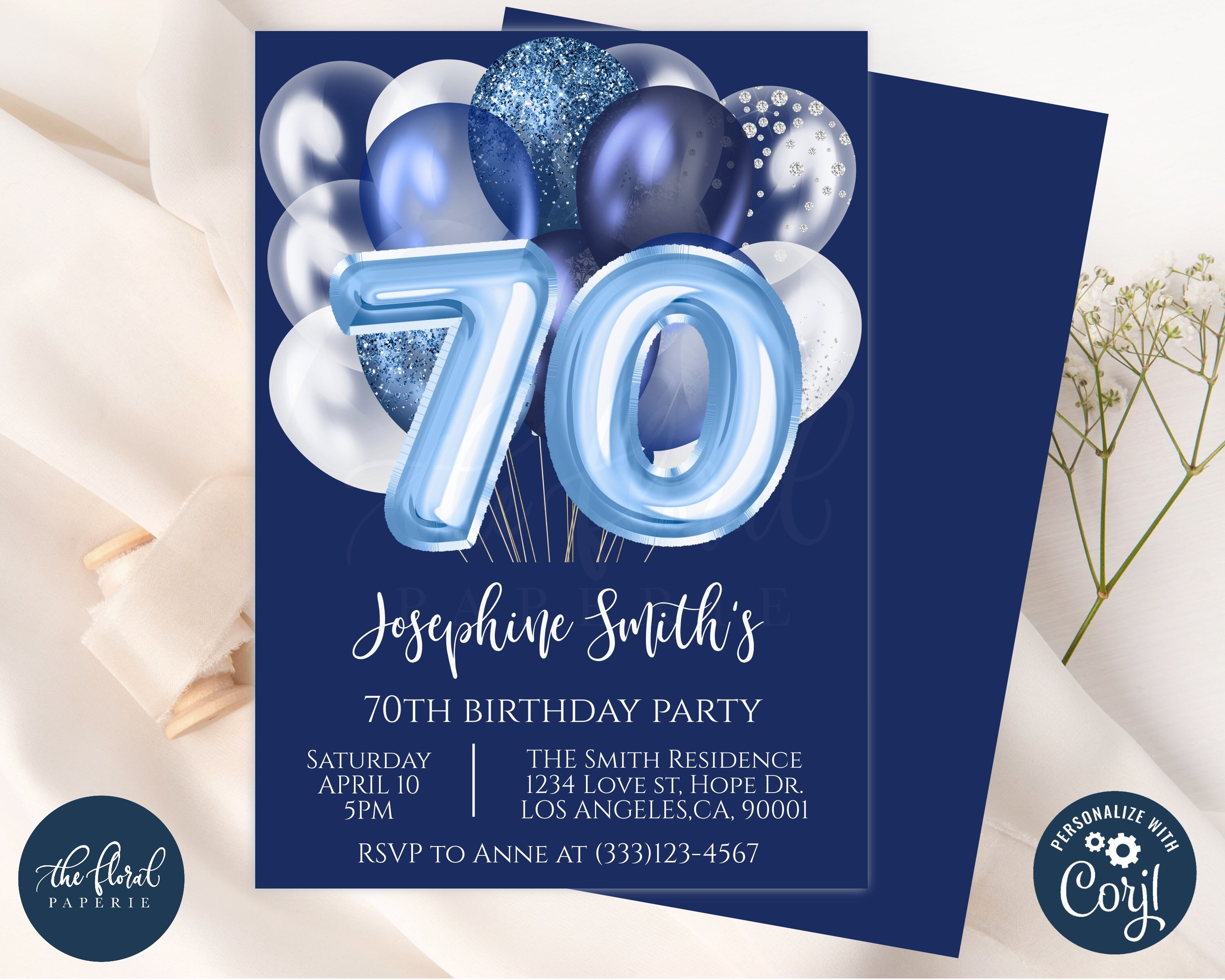 70th birthday invitation template editable blue and white | Etsy