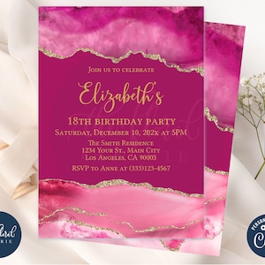 pink and gold birthday invitation template, editable any age birthday invitation, agate invitation, adult birthday, women birthday TFP06