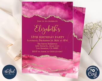Rosa und Gold Achat Geburtstagseinladung Vorlage (Digitaler Download)