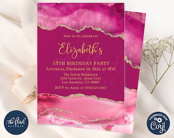 pink and gold birthday invitation template, editable any age birthday invitation, agate invitation, adult birthday, women birthday TFP06