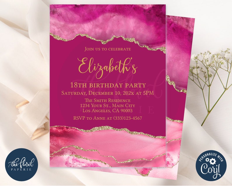 Pink and Gold Birthday Invitation Template Editable Any Age - Etsy