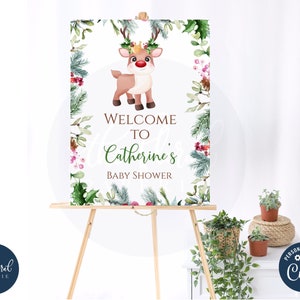 reindeer baby shower Welcome Sign template, printable christmas reindeer welcome sign poster, girl baby shower, reindeer party decor,