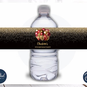 black red and gold water bottle labels template, editable water bottle wrap, printable girl birthday bottle labels, water bottle labels