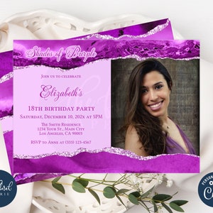 Modèle d&#39;invitation d&#39;anniversaire nuances de violet, invitation d&#39;anniversaire de tout âge, invitation d&#39;agate violette, anniversaire de femme, invitation photo TFP41