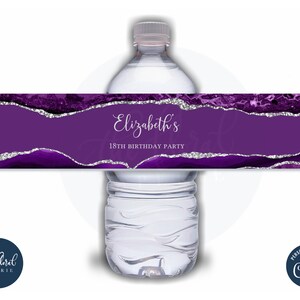 lila und silberne Wasserflaschenetikettenvorlage, bearbeitbare Achatflaschenaufkleber, Geburtstagsgeschenke, Flaschenetiketten, Wasserflaschenwrapper TFP23