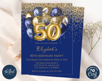 50. Geburtstagseinladung Vorlage, dunkelblauer und goldener Geburtstag, Einladungskarte für Geburtstagsfeier für Erwachsene, 50 Geburtstag