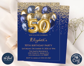 Blue and Gold Balloons Birthday Invitation Template, 50th Birthday Party Invites, Digital or Printed
