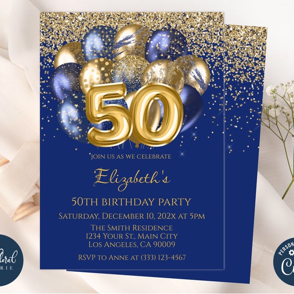 50th birthday invitation template, navy blue and gold birthday, editable balloons birthday party invites, adult party invite, 50 birthday
