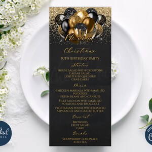 schwarz-goldene Menükartenvorlage, editierbare Event-Menükarte, druckbare Menükarte, Abendmenükarte, Party-Menükarte, Geburtstags-Party-Menüs