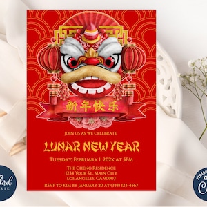 chinese new year invitation template, lunar new year invitation, printable chinese new year invites, editable chinese celebration invitation