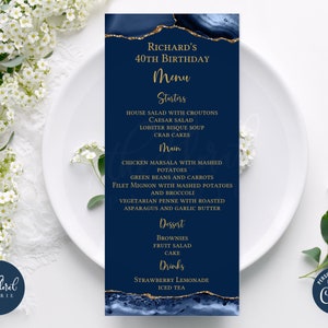 niebieski i złoty szablon karty menu, edytowalna karta menu na wydarzenie, karta menu do druku, karta menu kolacji, karta menu agatowa, menu urodzinowe