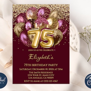 Modelo de convite para 75º aniversário, aniversário bordô e dourado, convites para festa de aniversário com balões editáveis, convite para festa de adulto, aniversário de 75 anos
