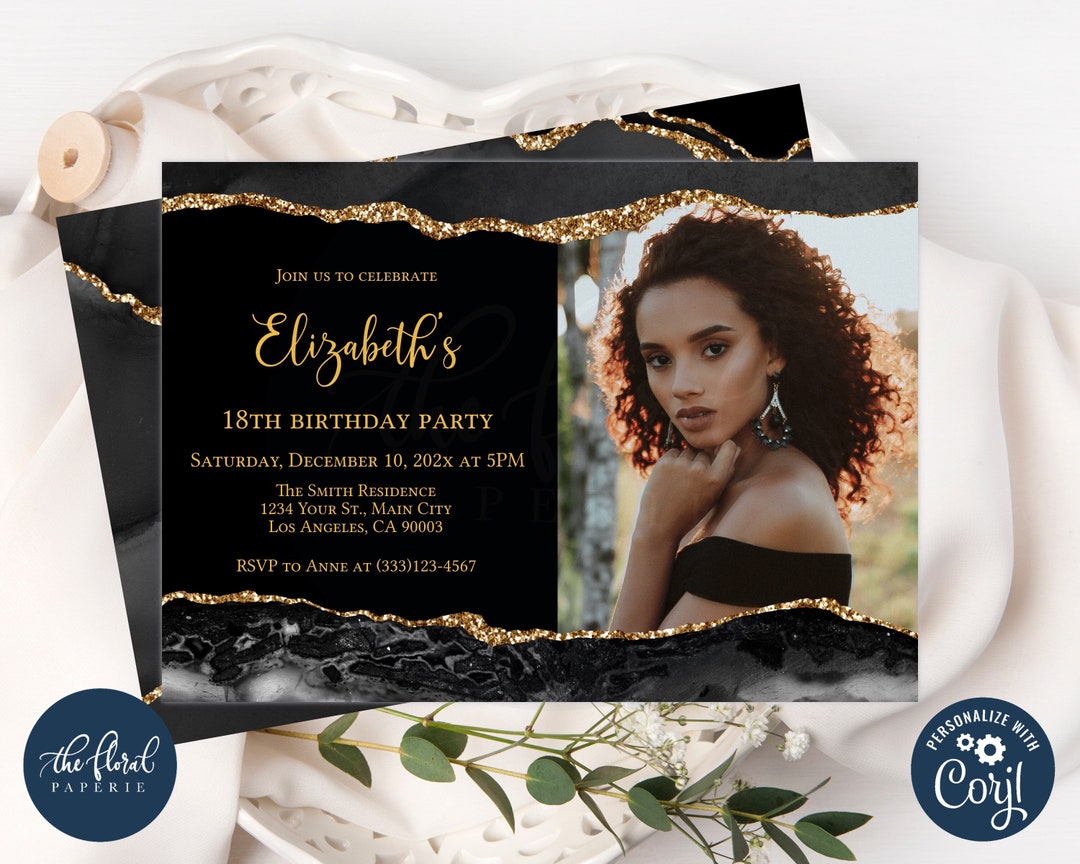 Black and Gold Birthday Invitation Template, Editable Any Age Birthday ...