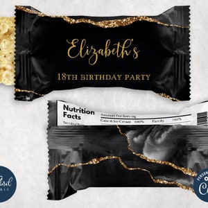 black and gold rice krispies wrapper template, editable rice crispy wrapper, printable rice krispies treat labels, birthday favors TFP01