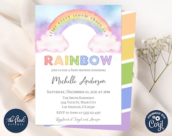 rainbow baby shower invitation template, printable baby shower invite, rainbow baby invitation, baby shower theme, rainbow baby TFP14