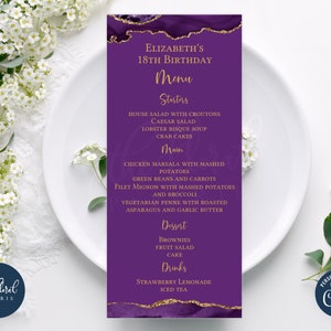 fioletowy i złoty szablon karty menu, edytowalna karta menu wydarzenia, karta menu do druku, karta menu kolacji, karta menu agat, menu urodzinowe TFP04