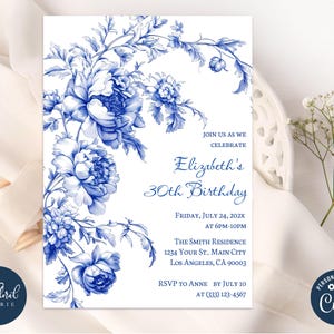 blue floral birthday invitation template,  chinoiserie invitation, toile de jouy invitation, adult birthday, women birthday