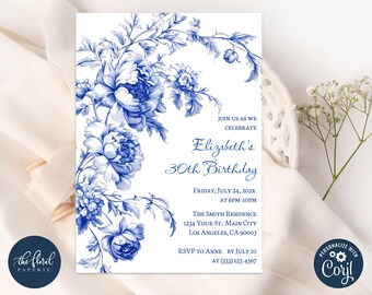 Blue Floral Birthday Invitation Template, Chinoiserie Party Invites, Toile de Jouy, Digital or Printed