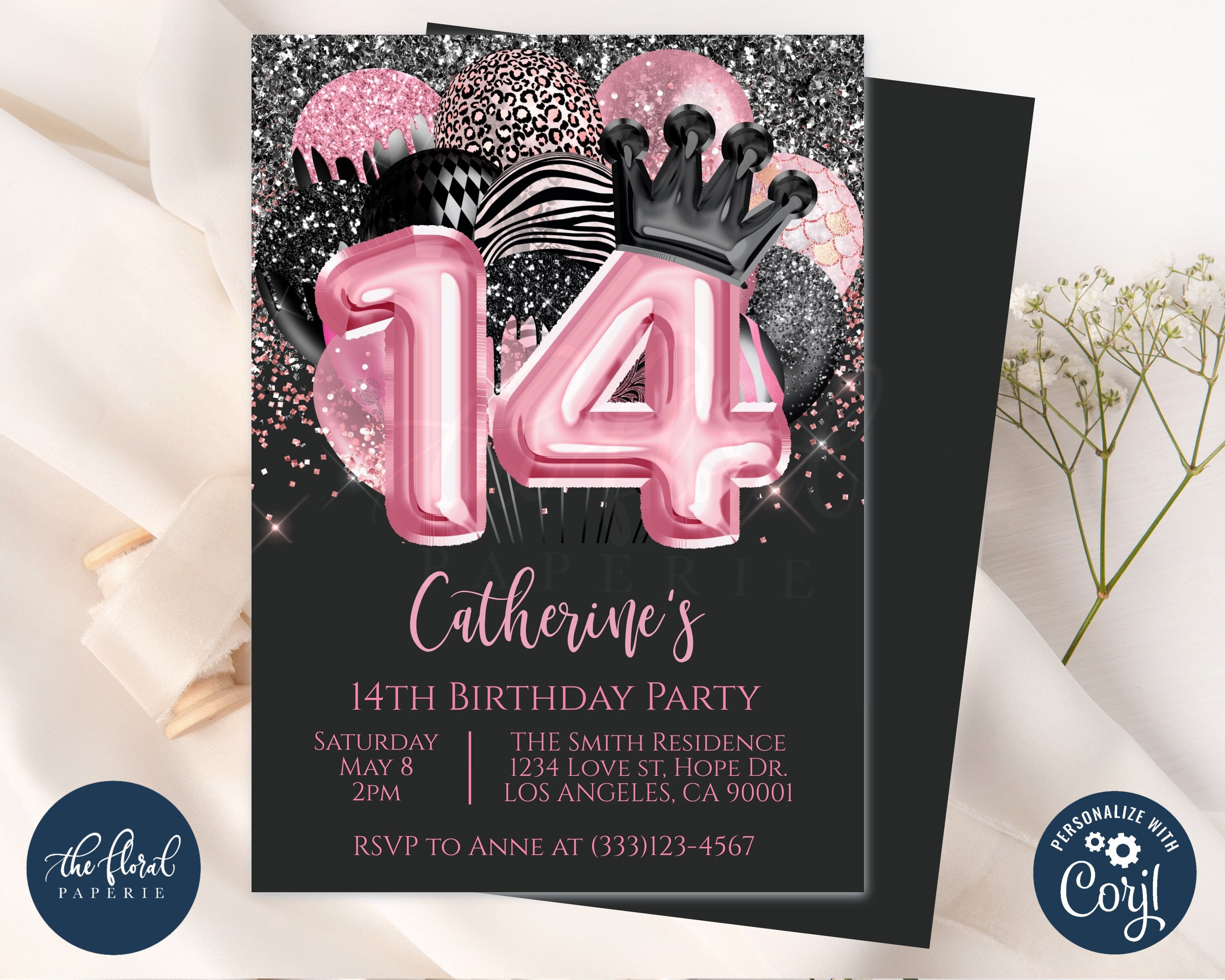 14th-birthday-invitation-template-editable-black-and-pink-etsy-schweiz