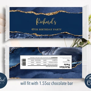 blue and gold chocolate wrapper template, editable candy bar wrapper, printable chocolate bar wrapper, chocolate bars birthday favor