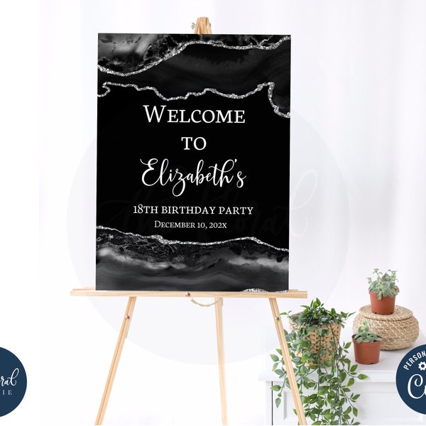 black and silver birthday welcome sign template, all black birthday welcome sign poster, all black affair party signs, reception sign TFP44