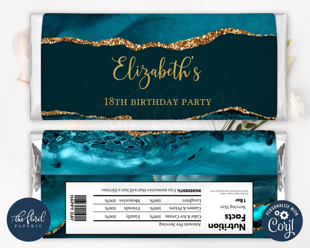 Teal and Gold Chocolate Wrapper Template, Editable Candy Bar Wrapper ...